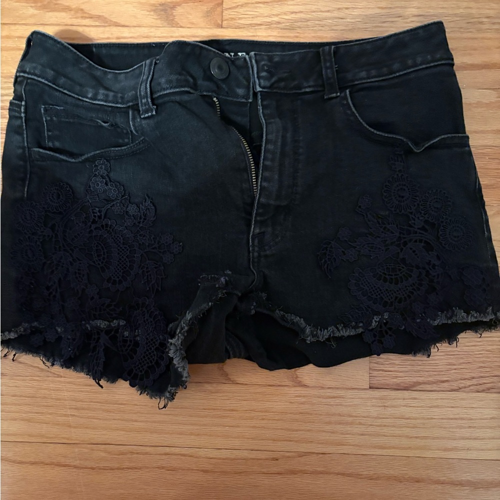 American Eagle Outfitters Black Jean Shorts Distressed Frayed Hem